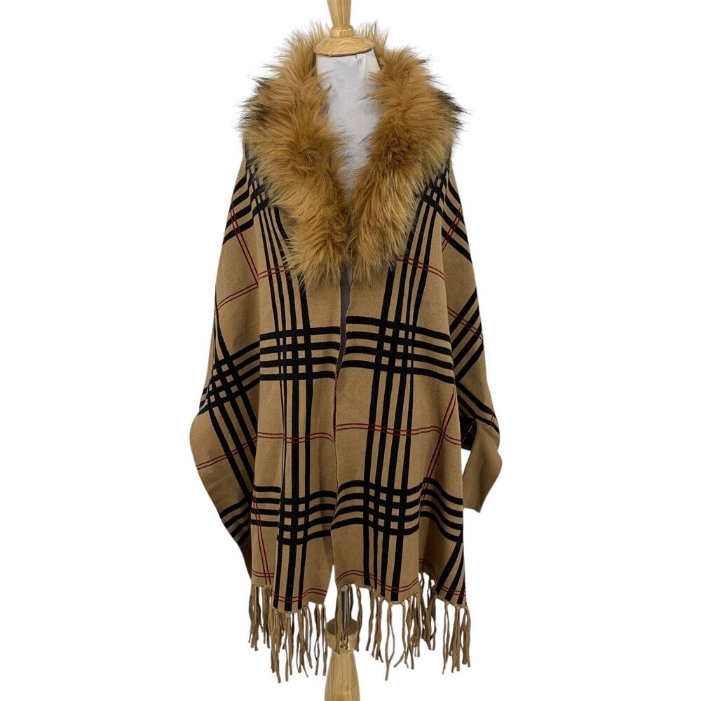 Boston Proper Poncho Women XS Extra Small Plaid Fur Collar Fringe Ribbed Sleeves